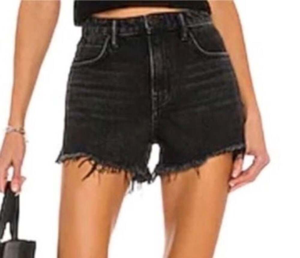 PAIGE Sarah High-Rise Distressed Cut-Off Denim Shorts in Black